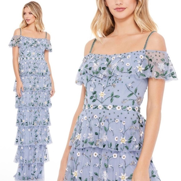 Mac Duggal OFF THE SHOULDER EMBROIDERED RUFFLE TIERED GOWN size 10 NEW $698 - Picture 1 of 14